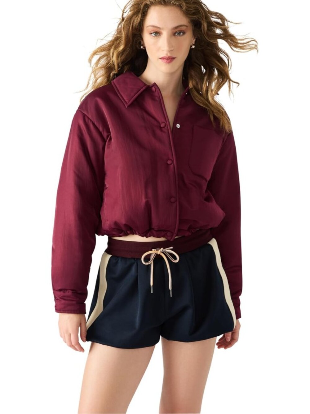 Steve Madden Women's Wine Imported Nylon SOLID Pointy Collar Selma Jackets